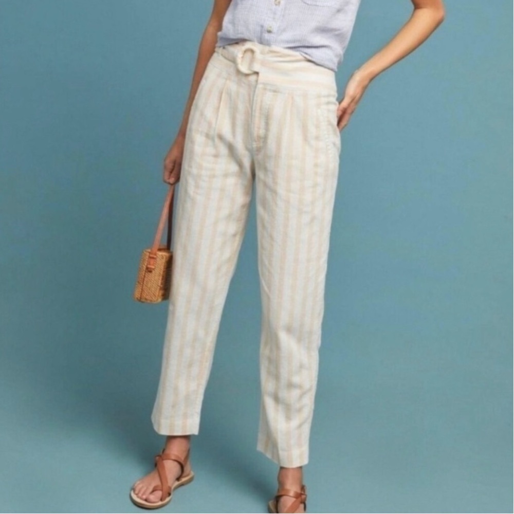 by Anthropologie Oasis Linen Striped High-Rise D-Ring Belted Ankle Pants Size 14